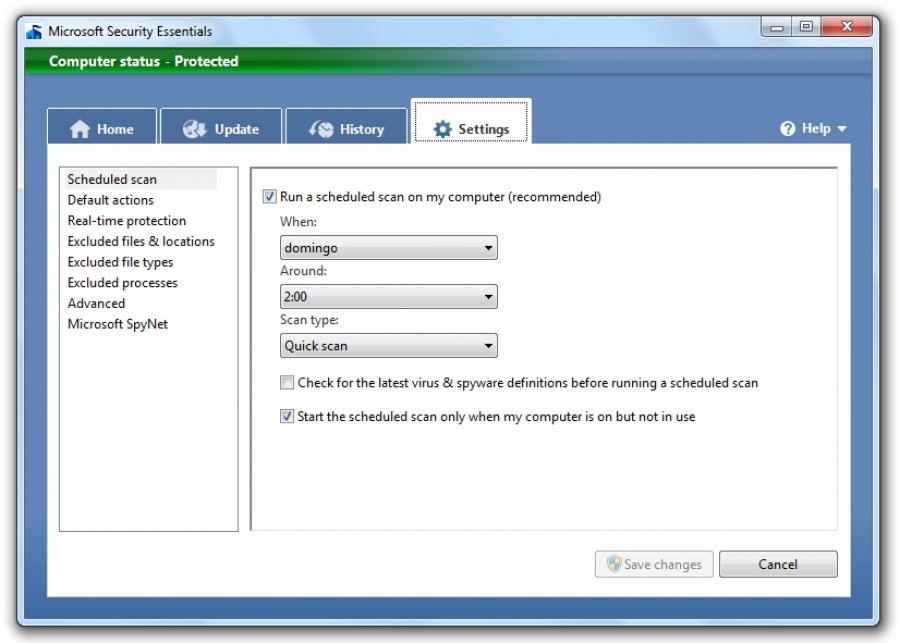 Microsoft Security Essentials Settings Table